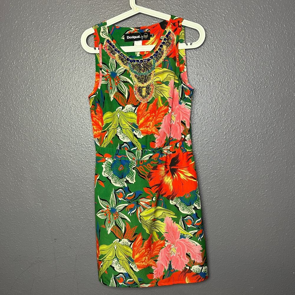 Desigual by Lacroix Dress 36  XS Womens Floral Tropical Beaded Cut Out